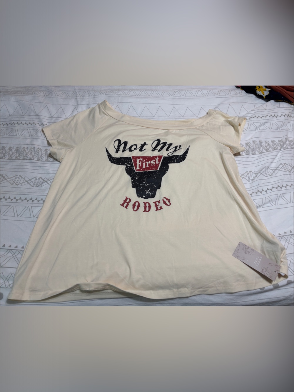 NWT Cream Off-the-Shoulder Short-Sleeve Graphic Tee with Rodeo Motif